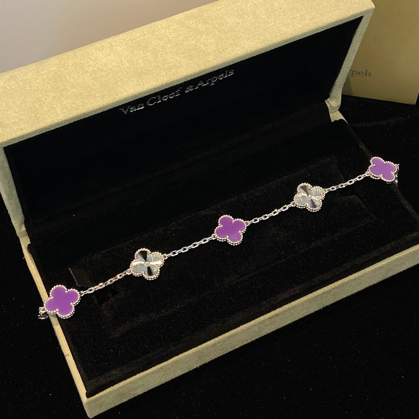 [Vicky]CLOVER  5 MOTIFS  PURPLE VIOLET BRACELET SILVER