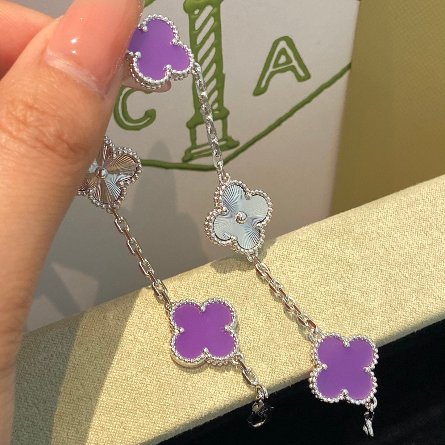 [Vicky]CLOVER  5 MOTIFS  PURPLE VIOLET BRACELET SILVER