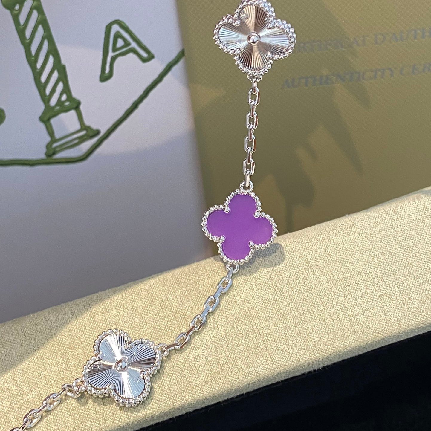 [Vicky]CLOVER  5 MOTIFS  PURPLE VIOLET BRACELET SILVER