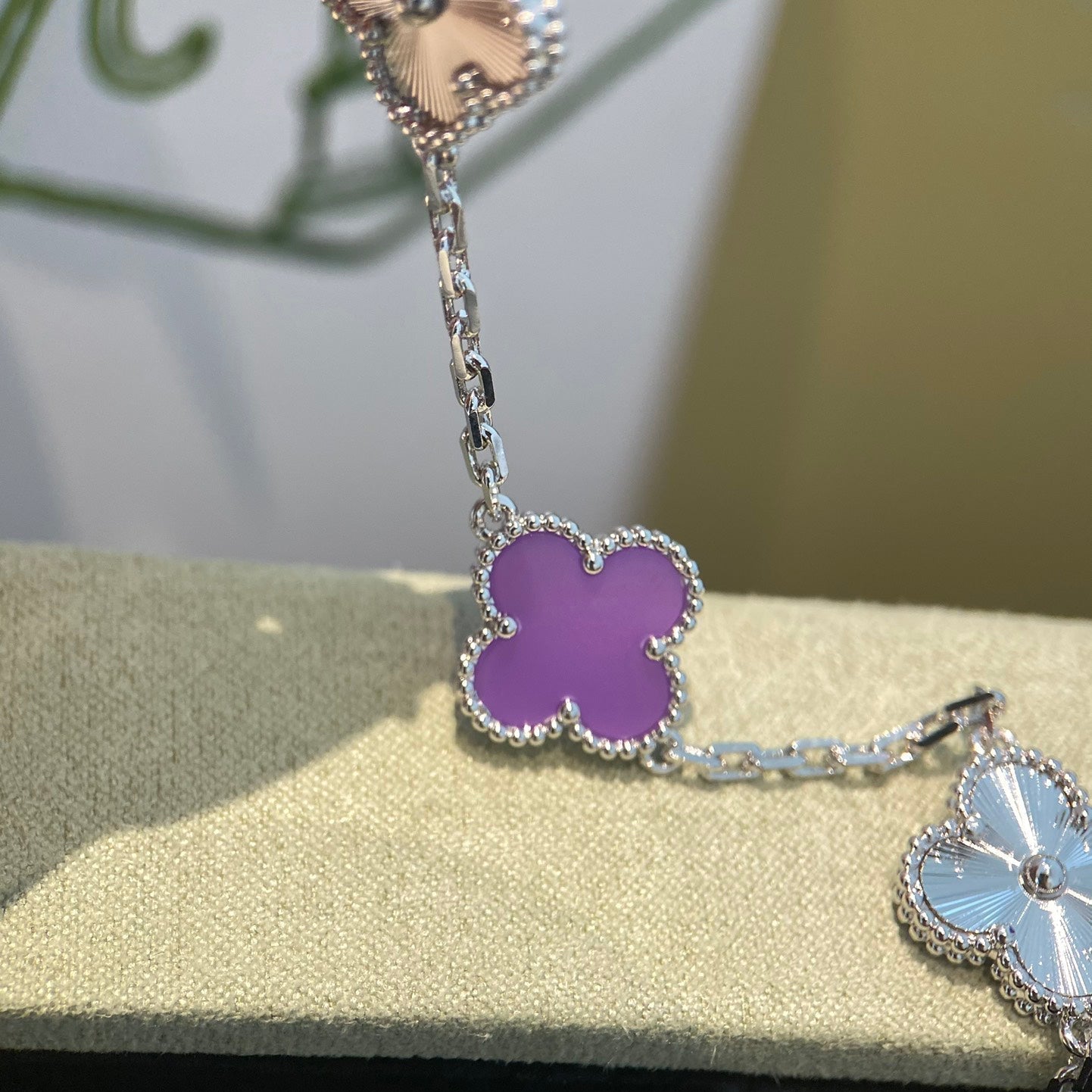 [Vicky]CLOVER  5 MOTIFS  PURPLE VIOLET BRACELET SILVER