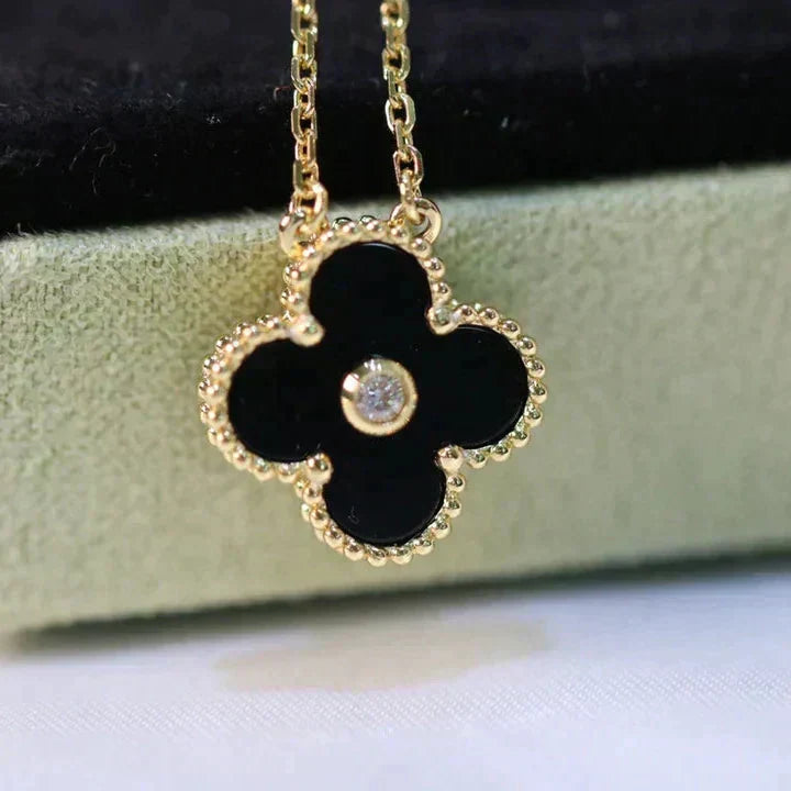 [Vicky]CLOVER 15MM DIAMOND ONYX NECKLACE