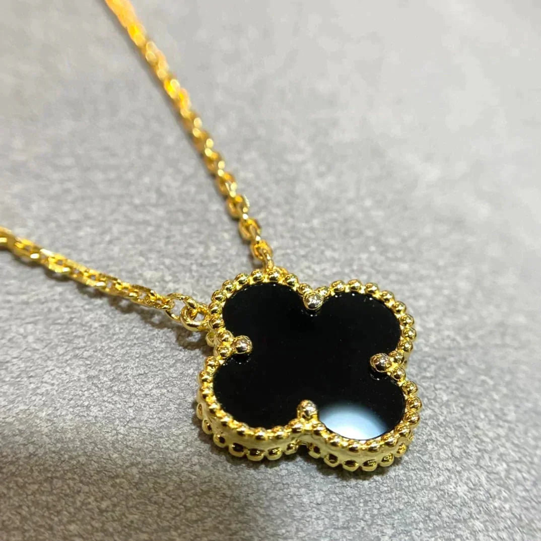 [Vicky]CLOVER 15MM BLACK ONYX SINGLE FLOWER NECKLACE