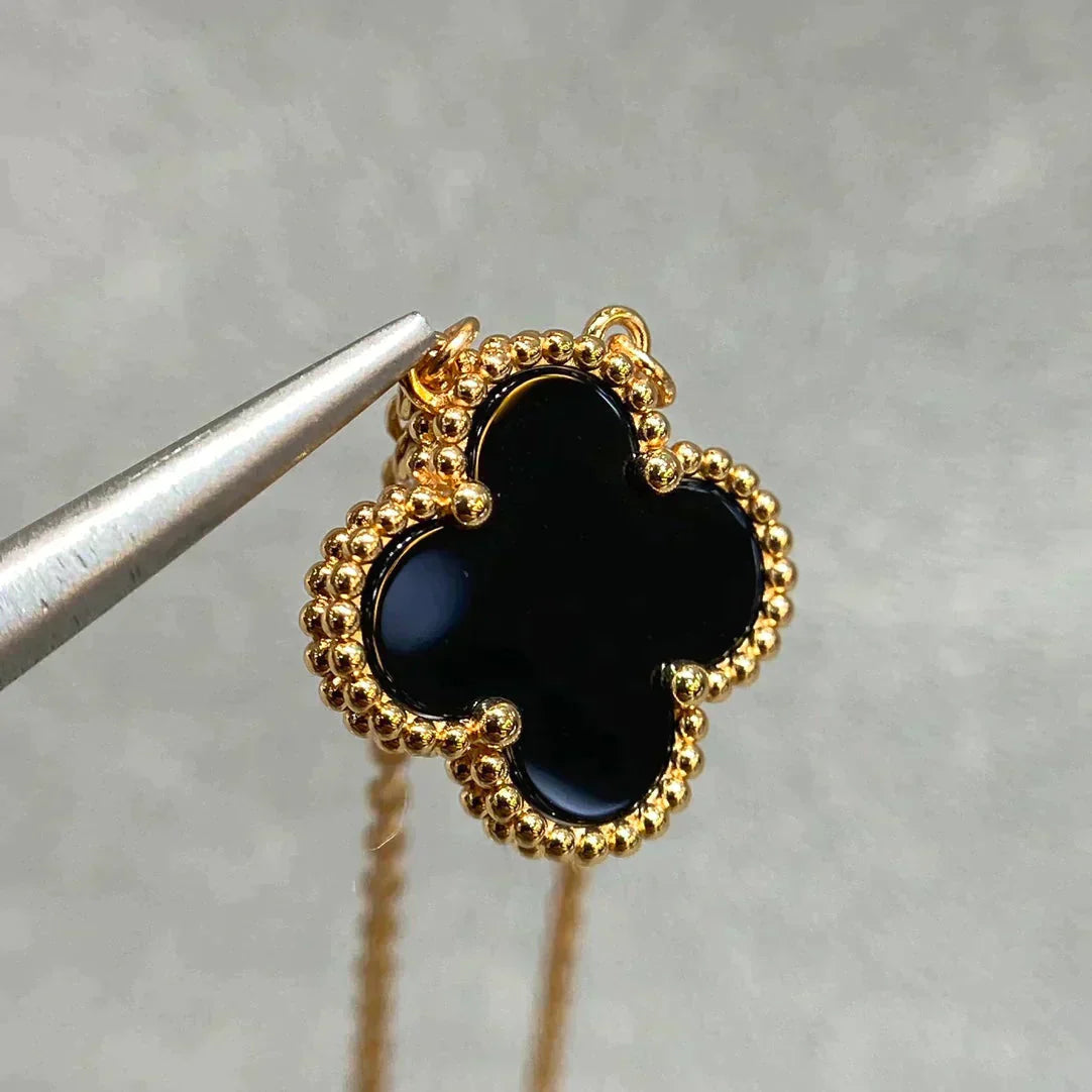 [Vicky]CLOVER 15MM BLACK ONYX SINGLE FLOWER NECKLACE