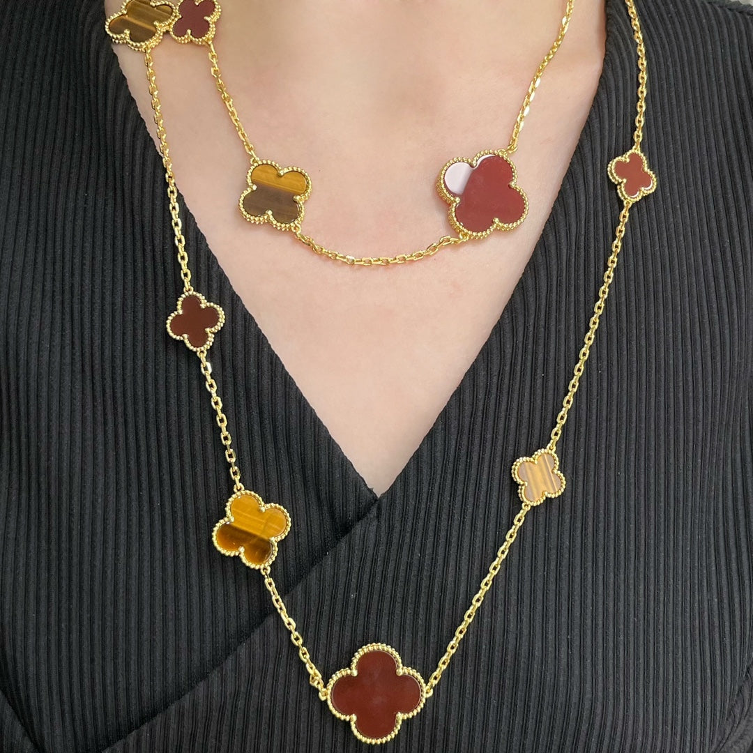 [Vicky]CLOVER 16 MOTIF CARNELIAN TIGER EYE ROSE GOLD NECKLACE