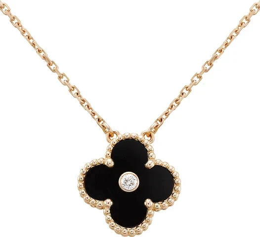 [Vicky]CLOVER 15MM DIAMOND ONYX NECKLACE