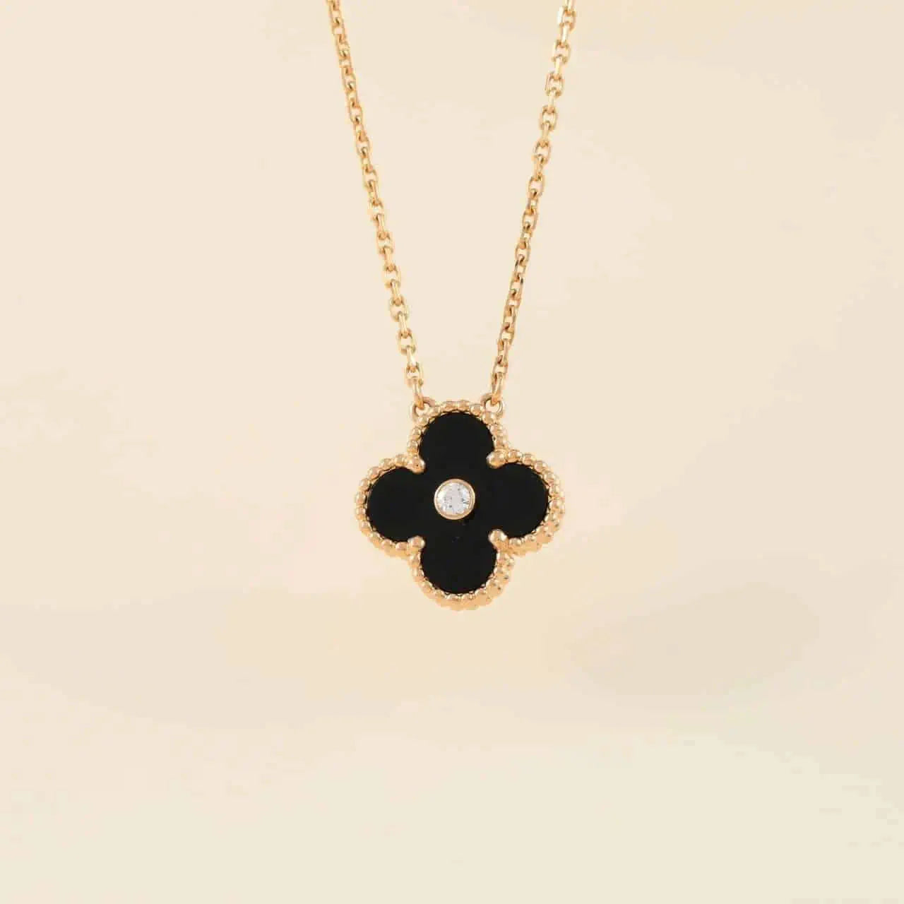 [Vicky]CLOVER 15MM DIAMOND ONYX NECKLACE