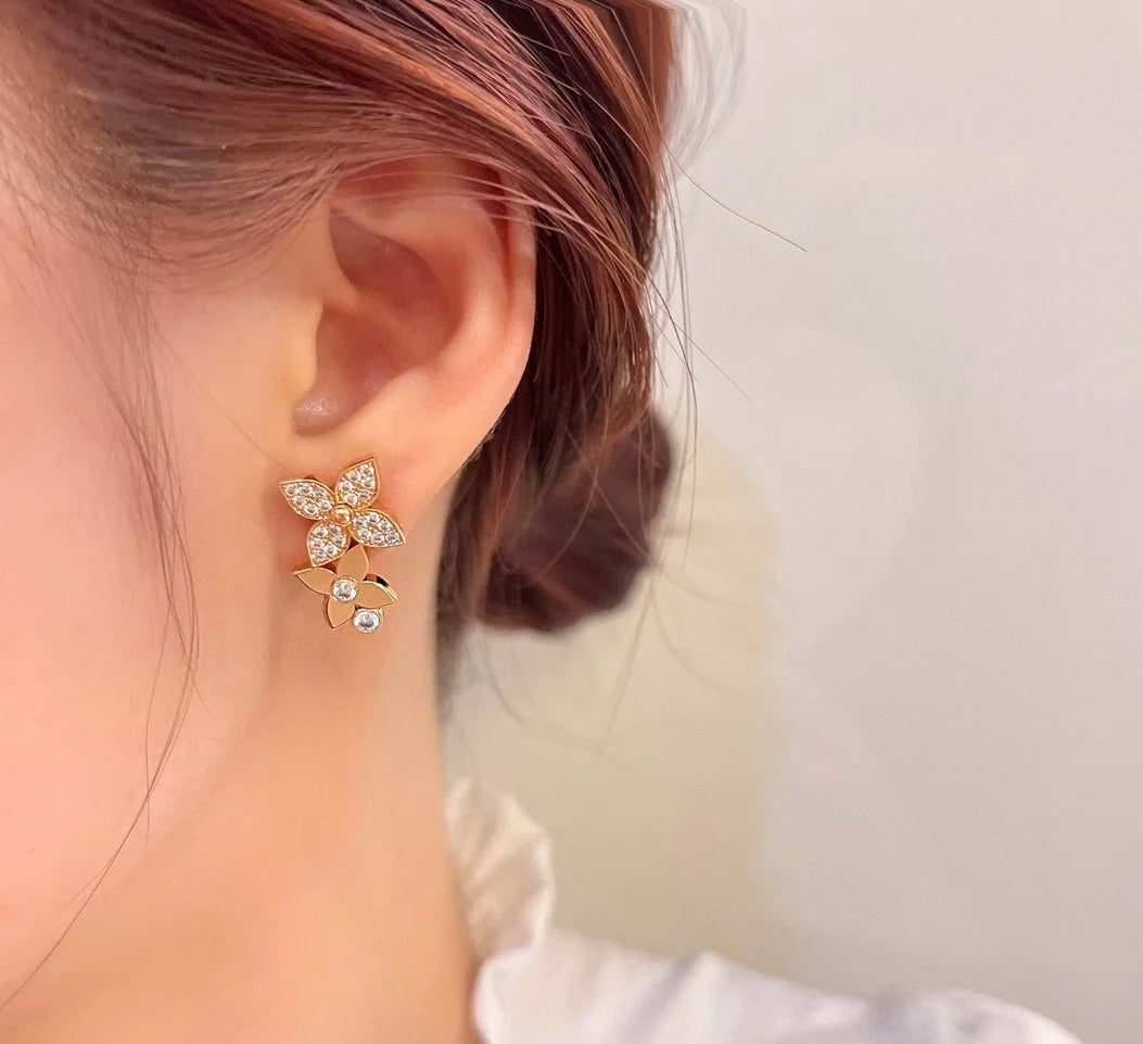 [Vicky High Jewelry]TWO STAR BLOSSOM STUD EARRINGS PINK GOLD DIAMONDS