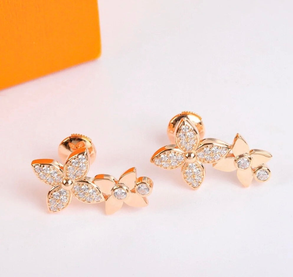 [Vicky High Jewelry]TWO STAR BLOSSOM STUD EARRINGS PINK GOLD DIAMONDS