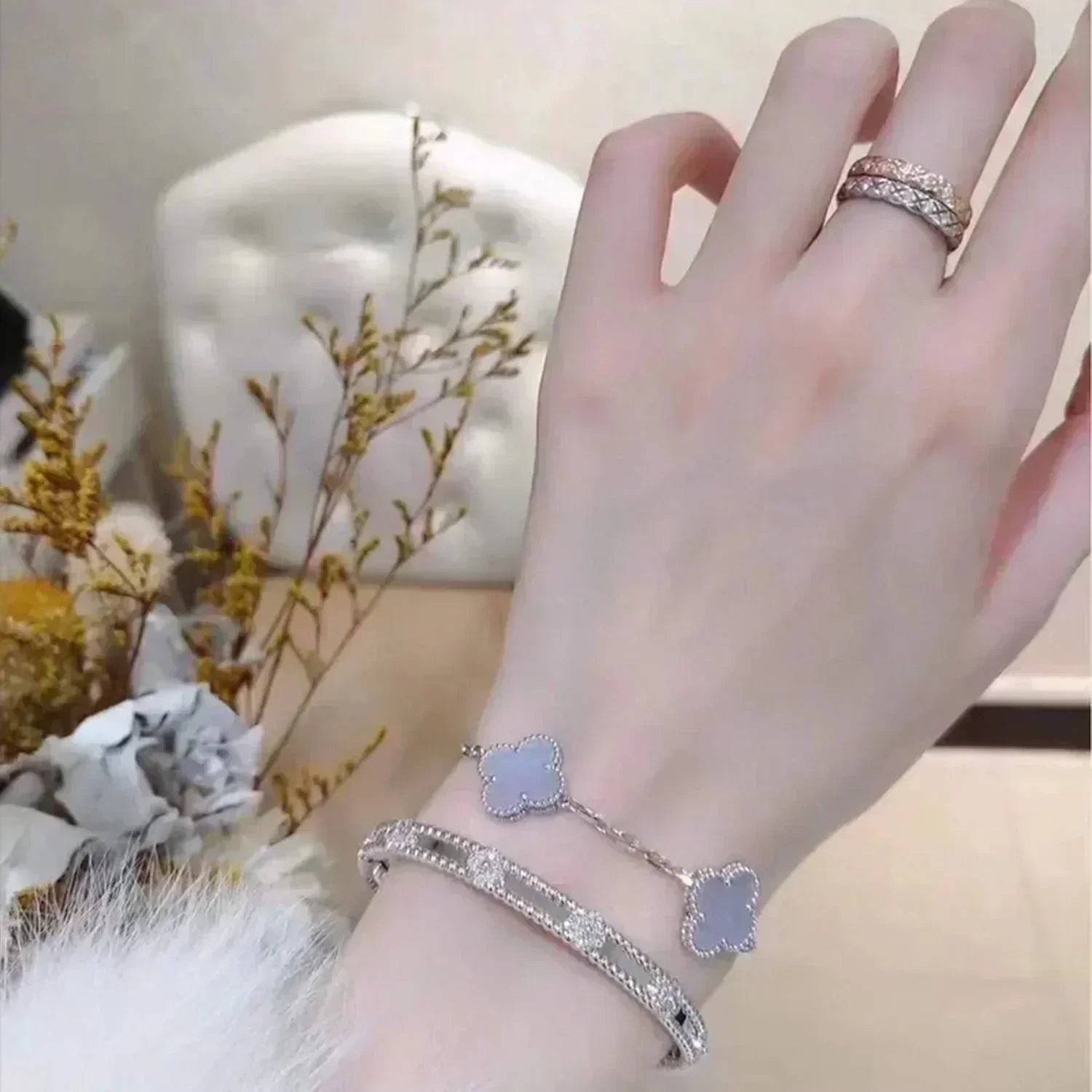 [Vicky]CLOVER  5 MOTIF PURPLE CHALCEDONY BRACELET SILVER