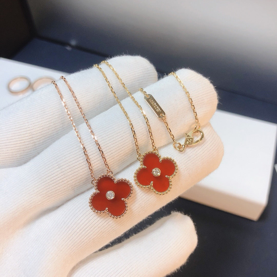 [Vicky]CLOVER 15MM DIAMOND CARNELIAN NECKLACE