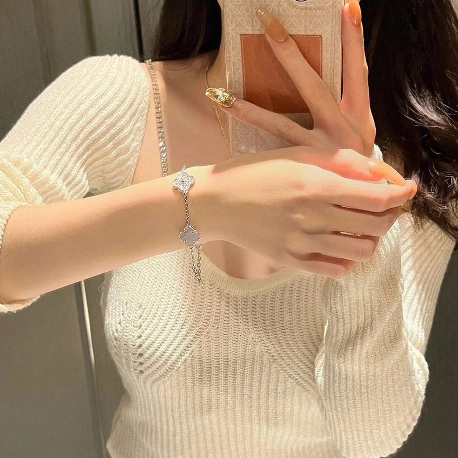 [Vicky]CLOVER  5 MOTIF DIAMOND PURPLE CHALCEDONY BRACELET SILVER