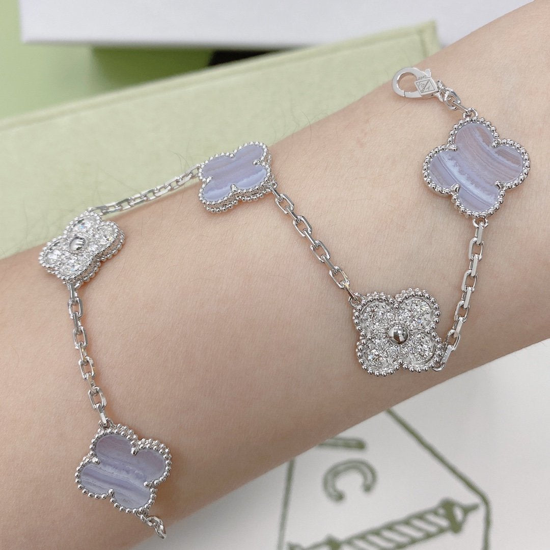 [Vicky]CLOVER  5 MOTIF DIAMOND PURPLE CHALCEDONY BRACELET SILVER